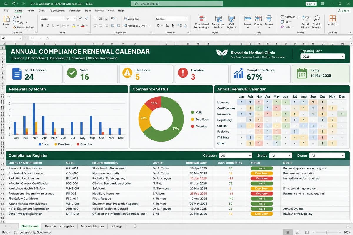 Annual Compliance Renewal Calendar premium spreadsheet dashboard preview