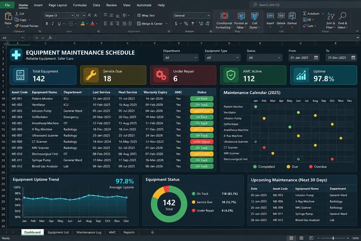Equipment Maintenance Schedule premium spreadsheet dashboard preview