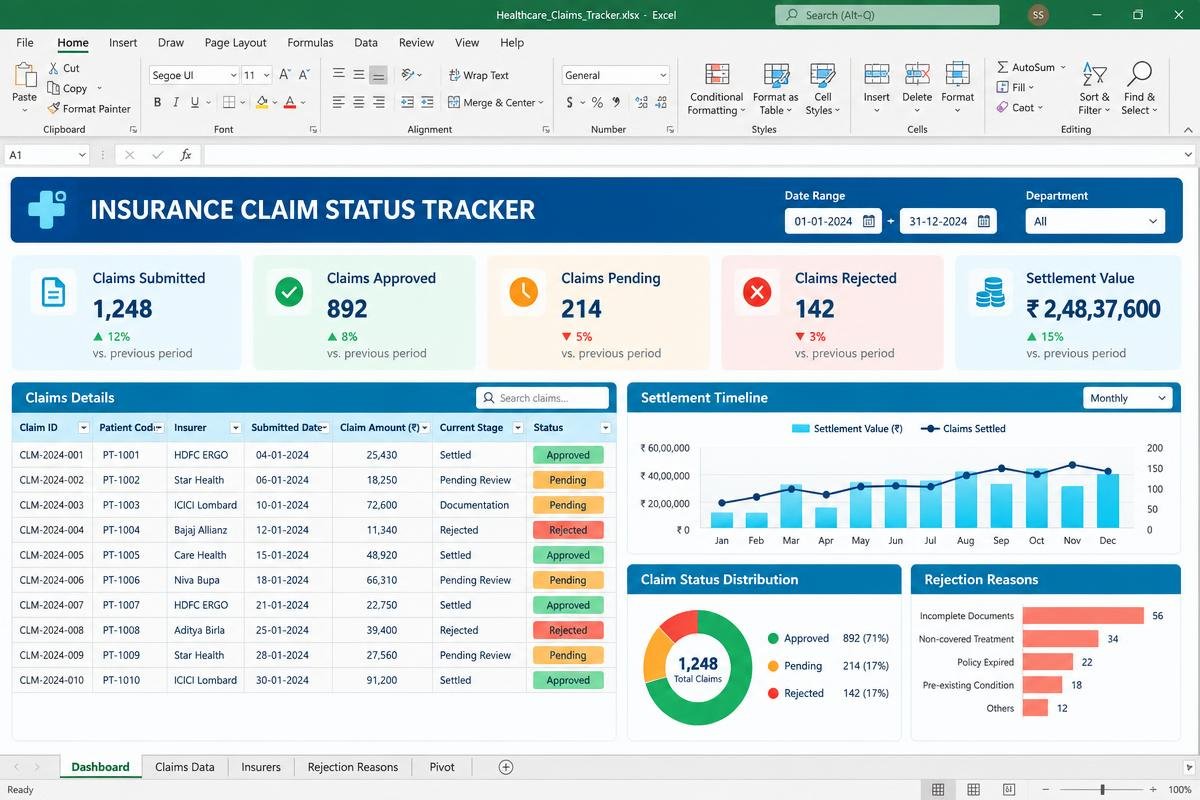 Insurance Claim Status Tracker premium spreadsheet dashboard preview