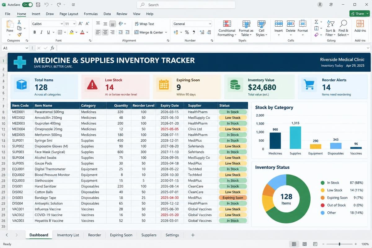 Medicine & Supplies Inventory Tracker premium spreadsheet dashboard preview