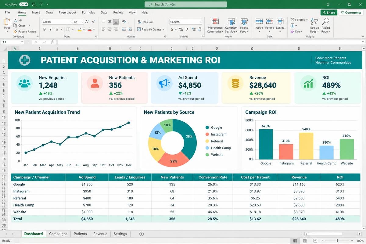 Patient Acquisition & Marketing ROI premium spreadsheet dashboard preview