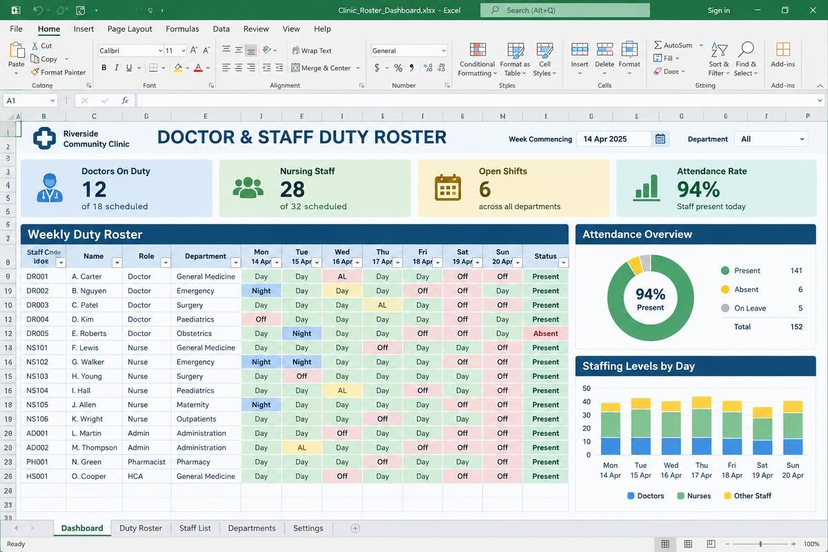 Doctor & Staff Duty Roster premium spreadsheet dashboard preview